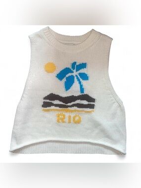 BDG Ivory knit destination top sweater vest beach vacation Rio graphic S NWOT